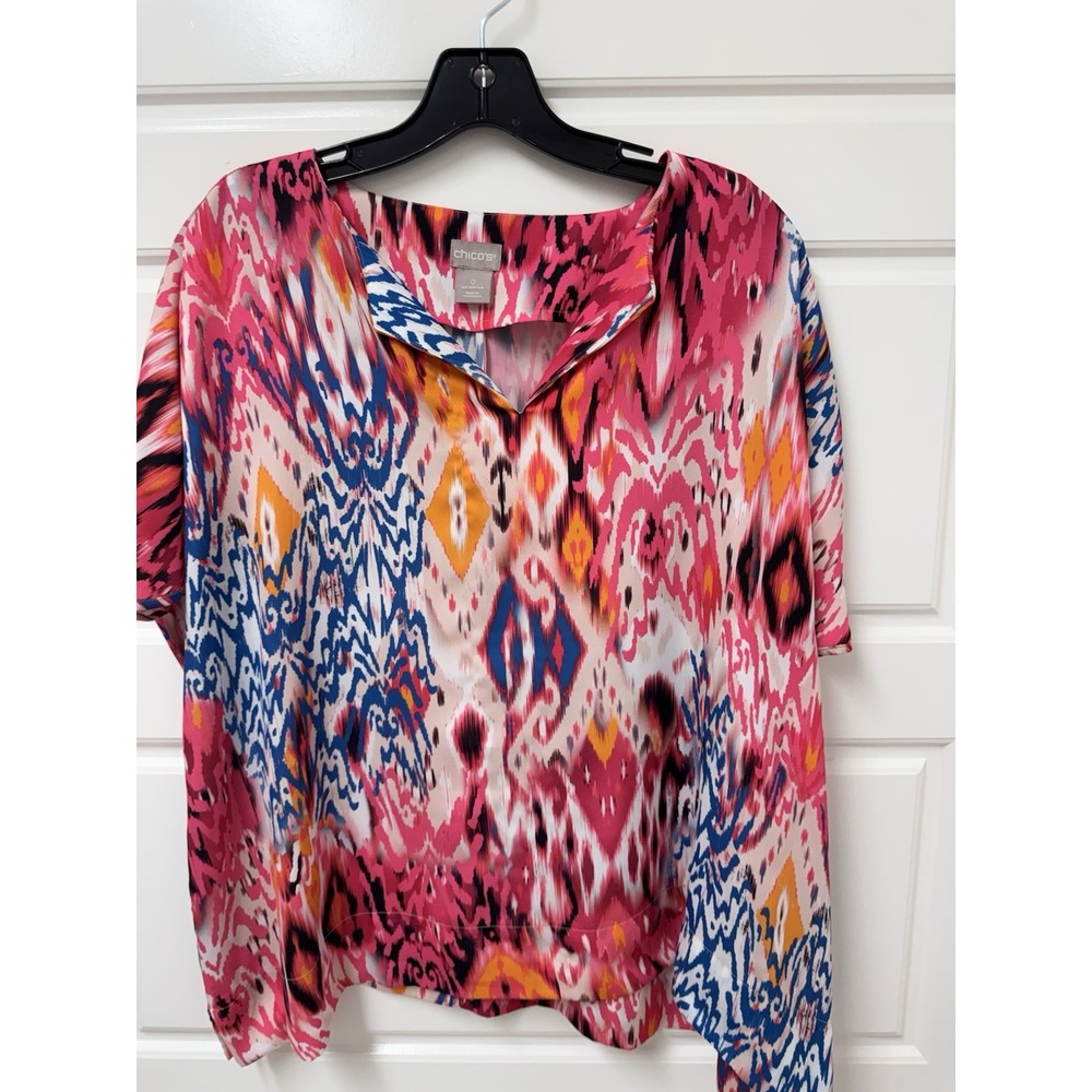 Chico's Size 0 Oversized Wide Tunic Blouse Multicolor Ikat Print Pink Blue EUC - Picture 2 of 10